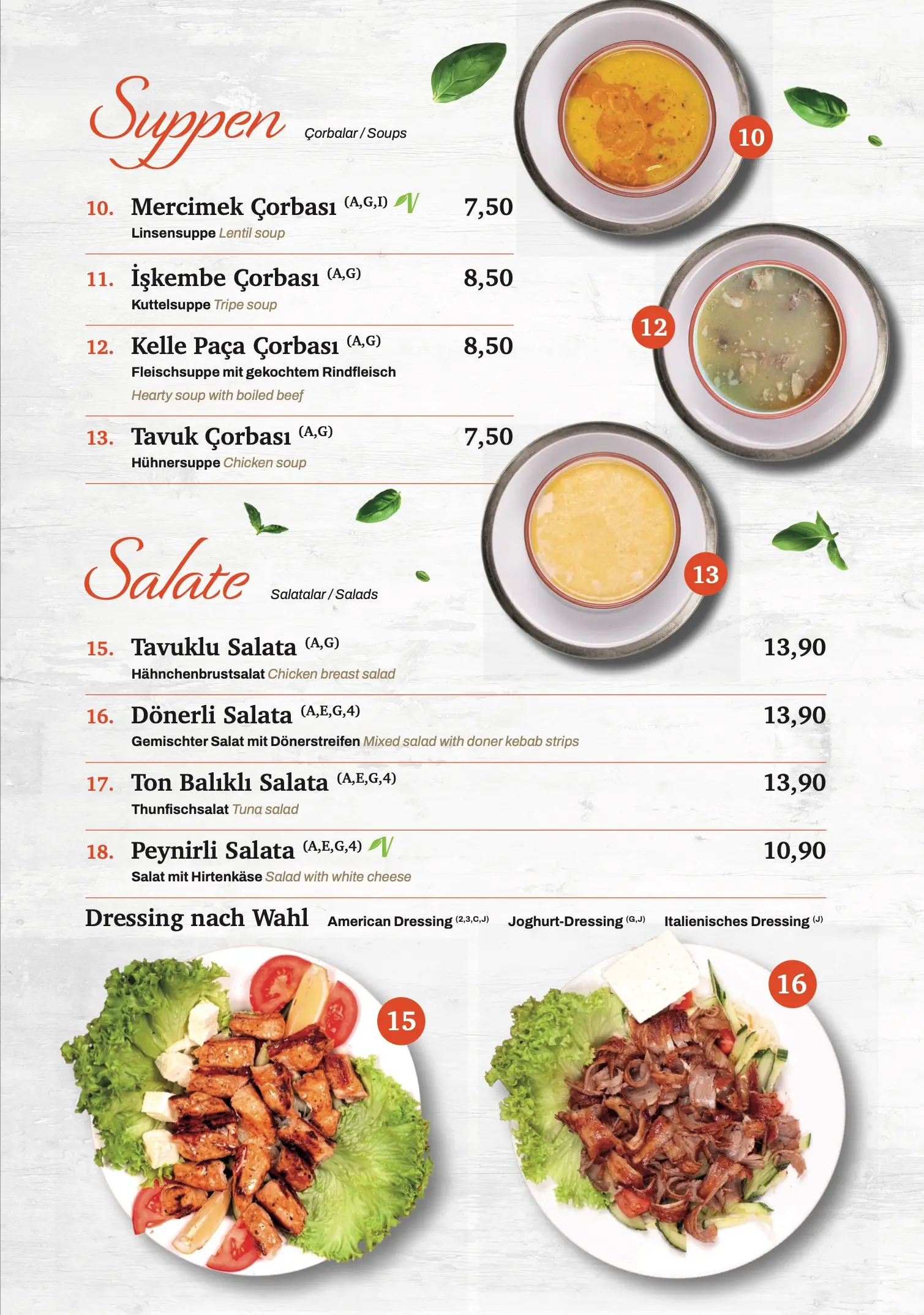 Speisekarte Seite 3: Suppen und Salate