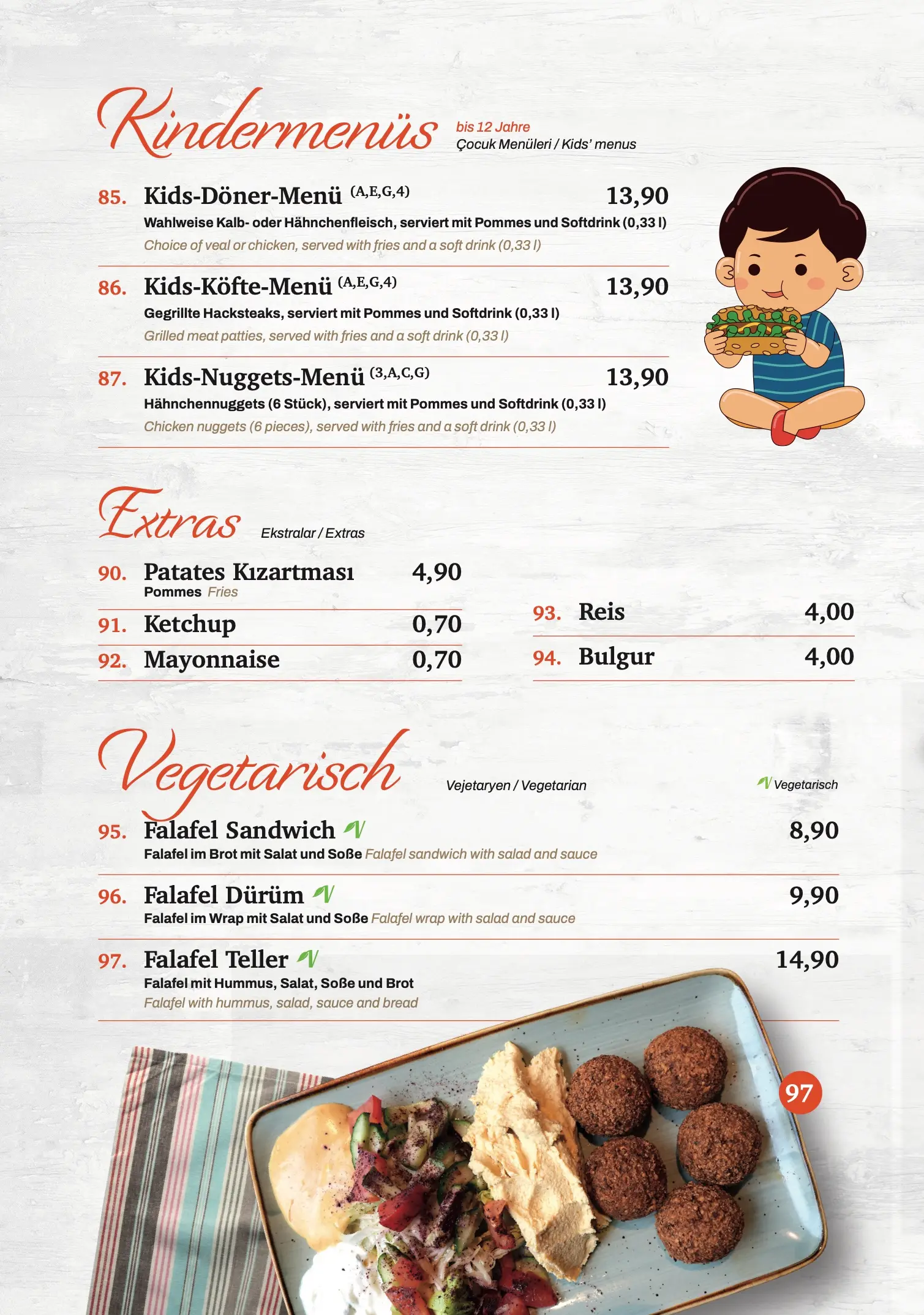 Speisekarte Seite 10: Kindermenüs, Extras und vegetarische Gerichte