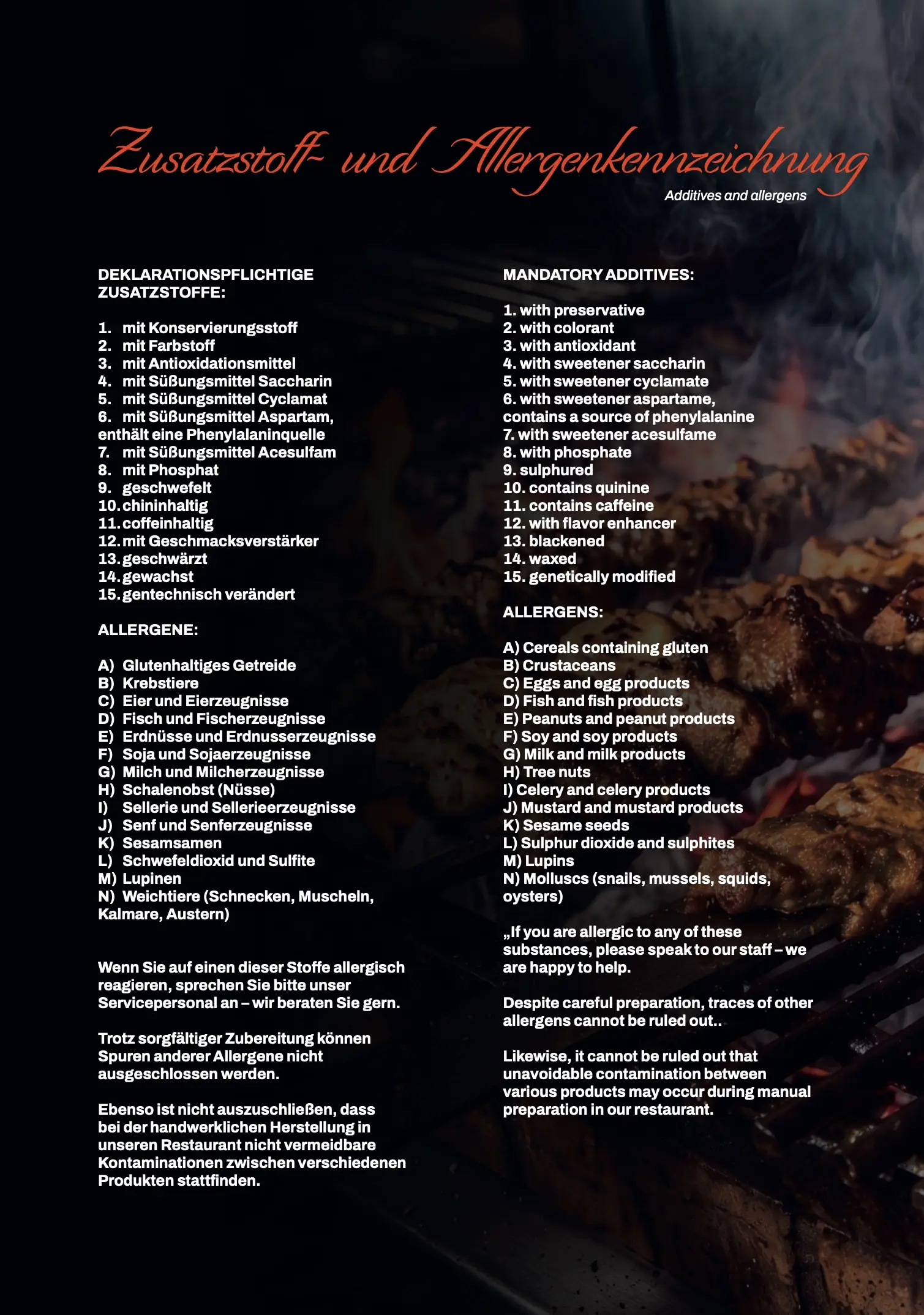 Speisekarte Seite 14: Zusatzstoff- und Allergenkennzeichnung
